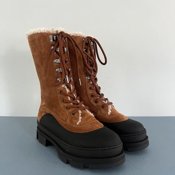 Jimmy Choo Aldea Lace-Up Shearling Lined Suede Camel Brown Mid Calf Boots - Picture 3 of 13